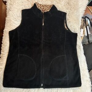VINTAGE Stan Herman Black‎ Fuzzy Fleece Vest Leopard Print Trim Full Zip Large